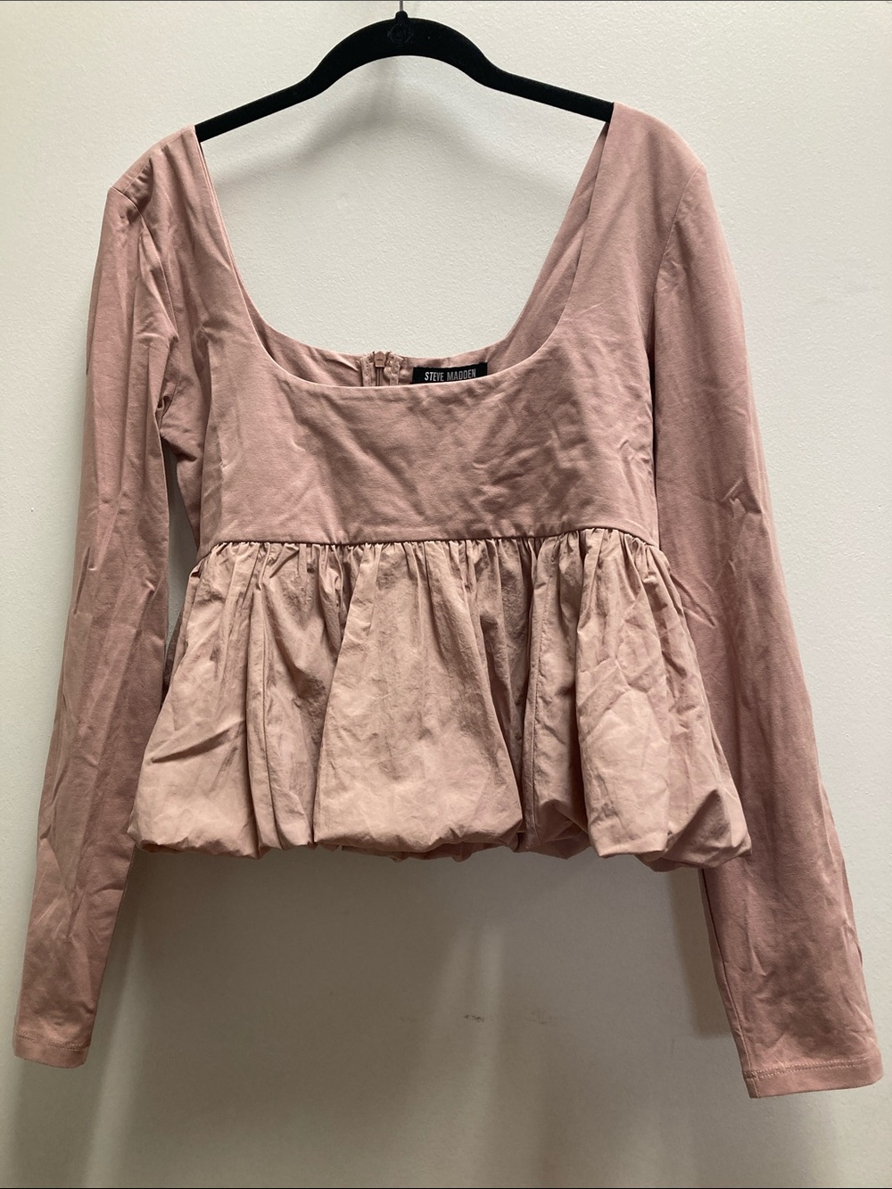 Steve Madden Dusty Rose Long Sleeve Gathered Crop Peplum Top